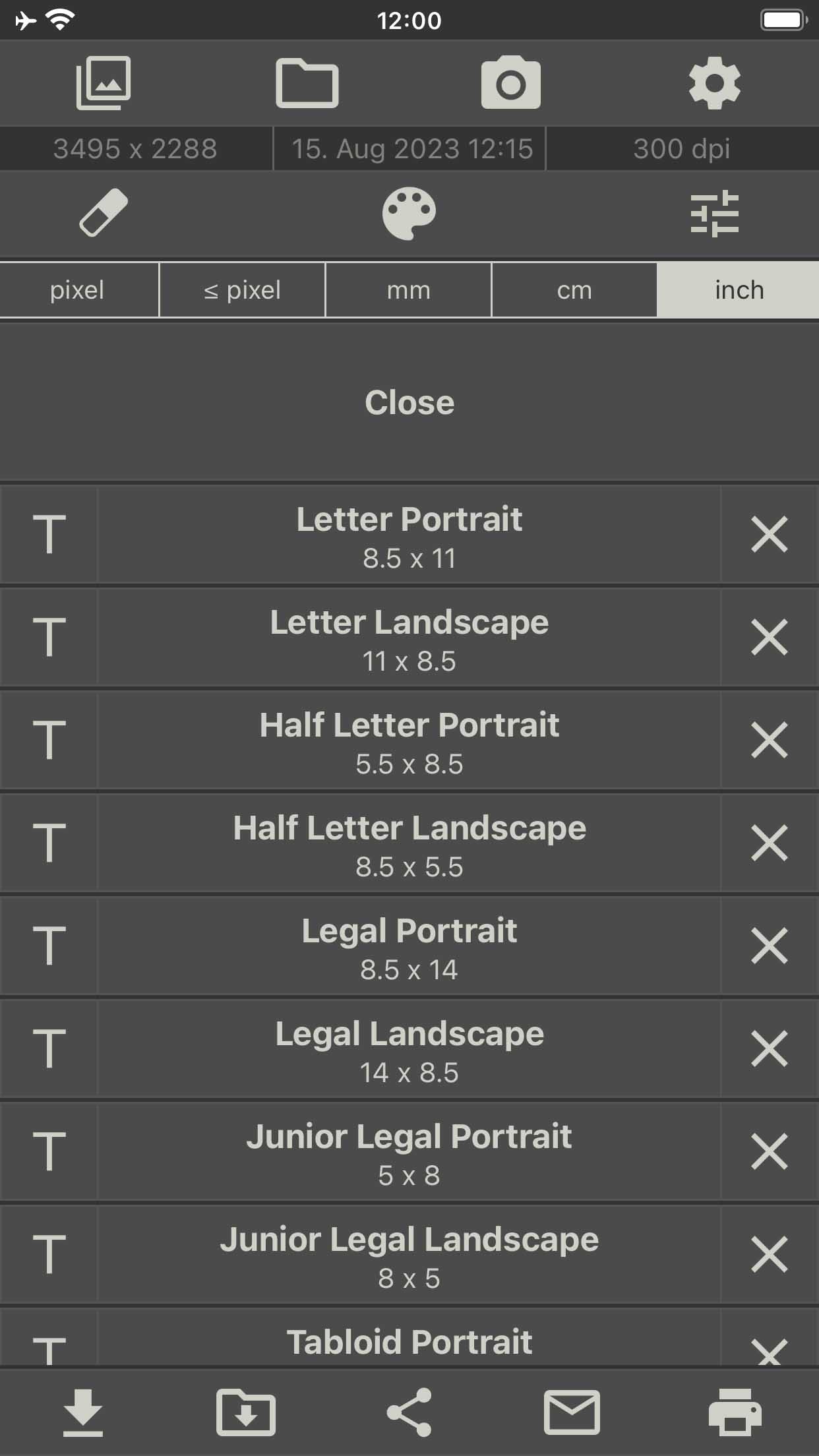 The last image sizes used are saved in a list and can be used quickly (ios App)