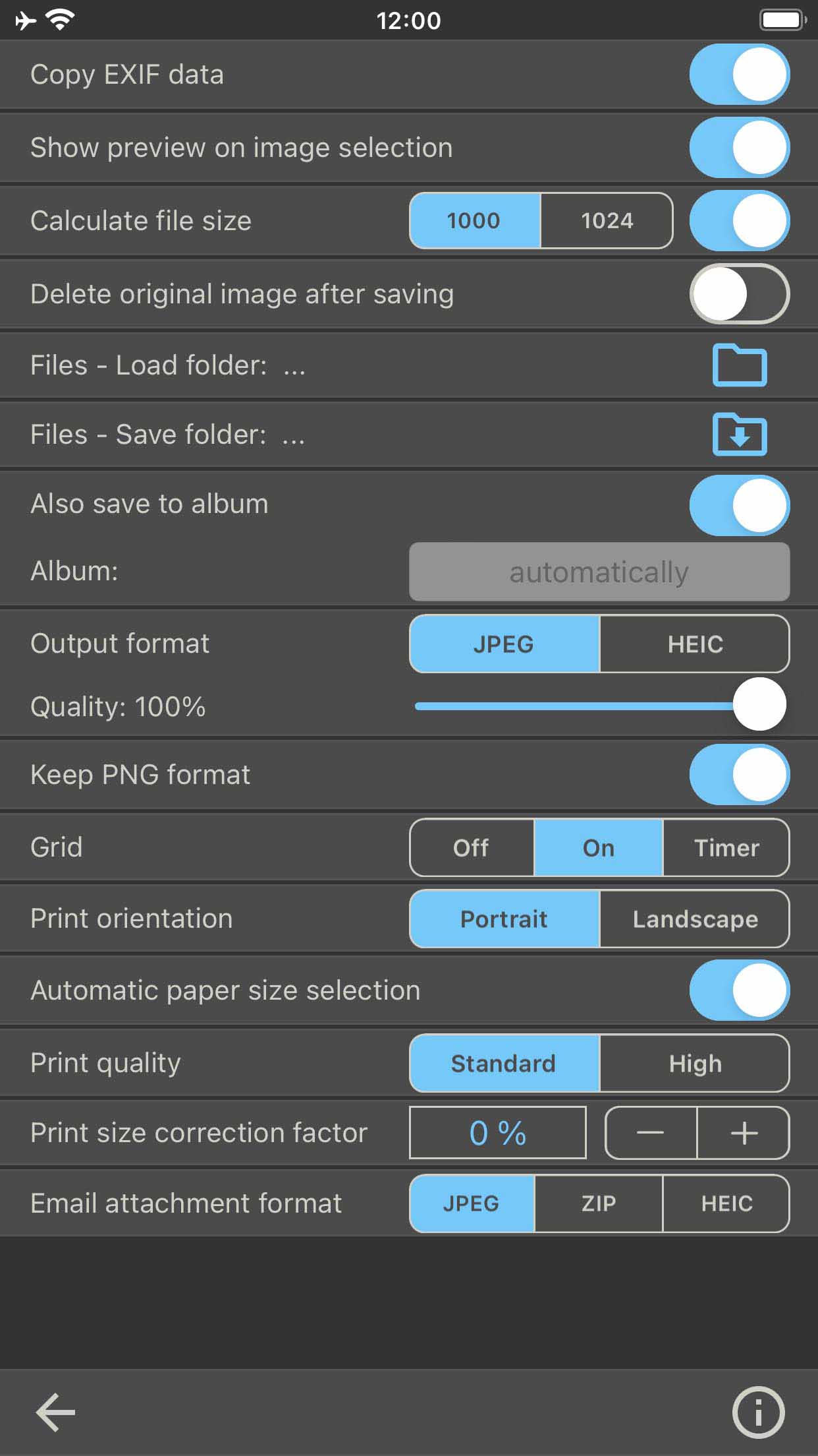 The settings of the Image Size app.